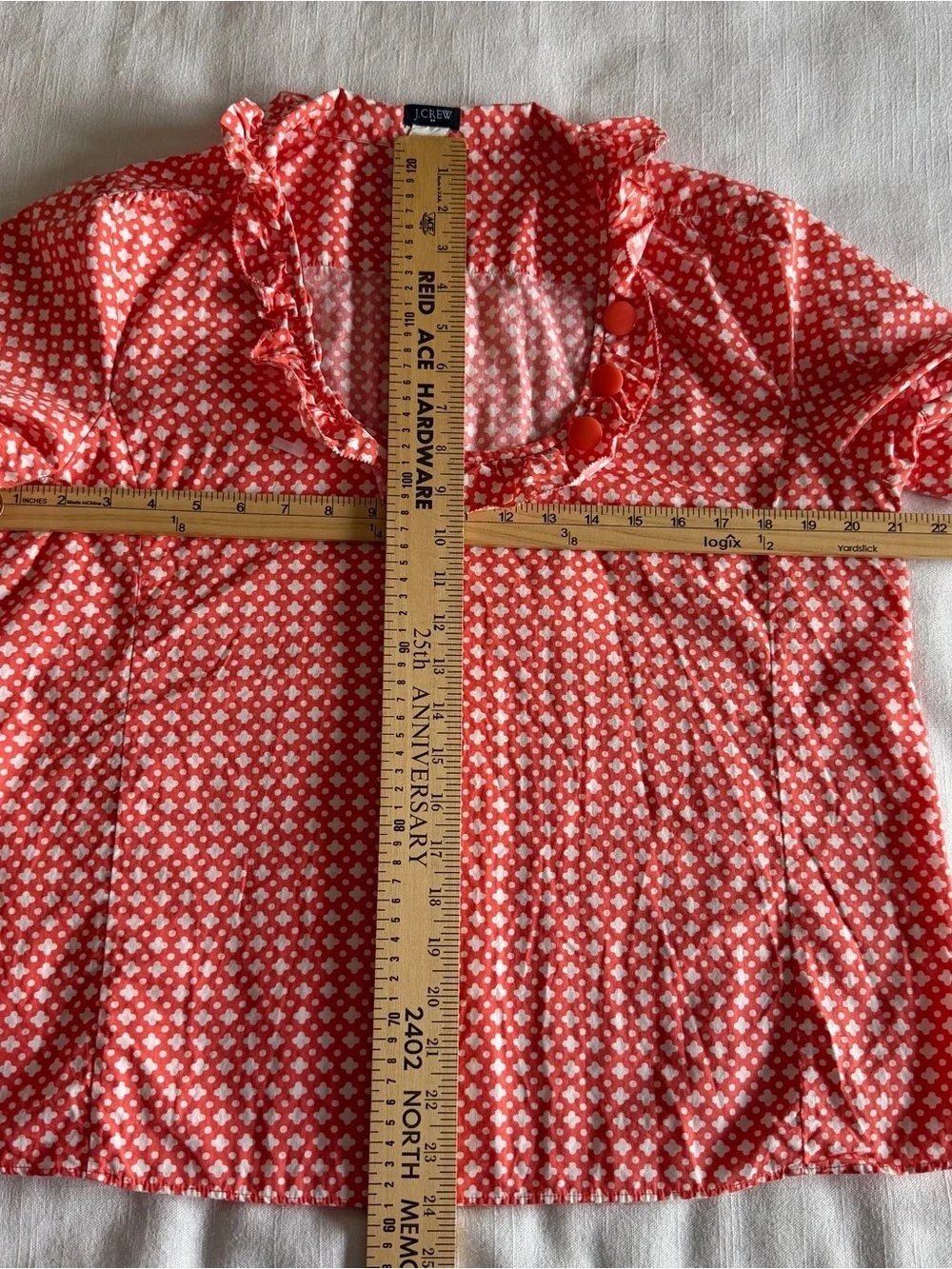 J Crew Blouse Womens 14 Orange Geometric Print Ruffle Scoop Neck Puff Sleeve
